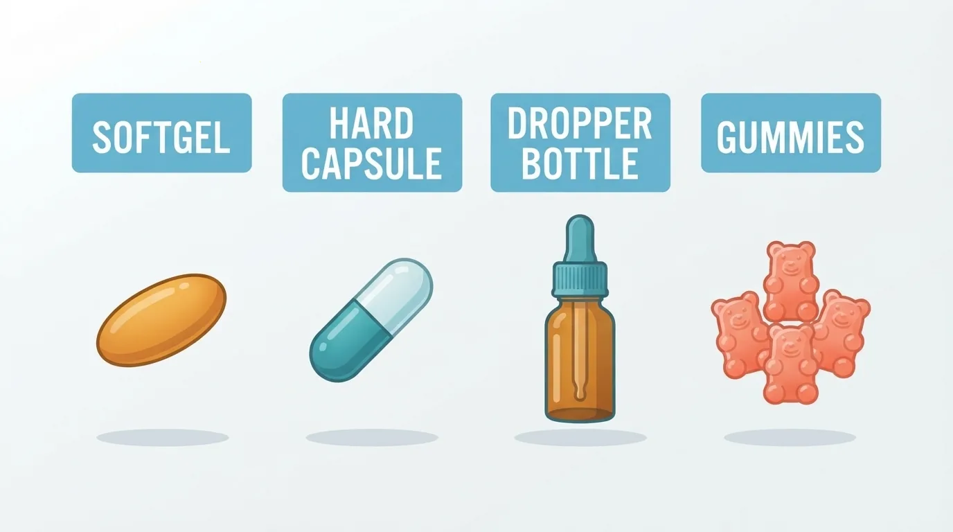 Softgel, capsule, dropper bottle, and gummies arranged in a row