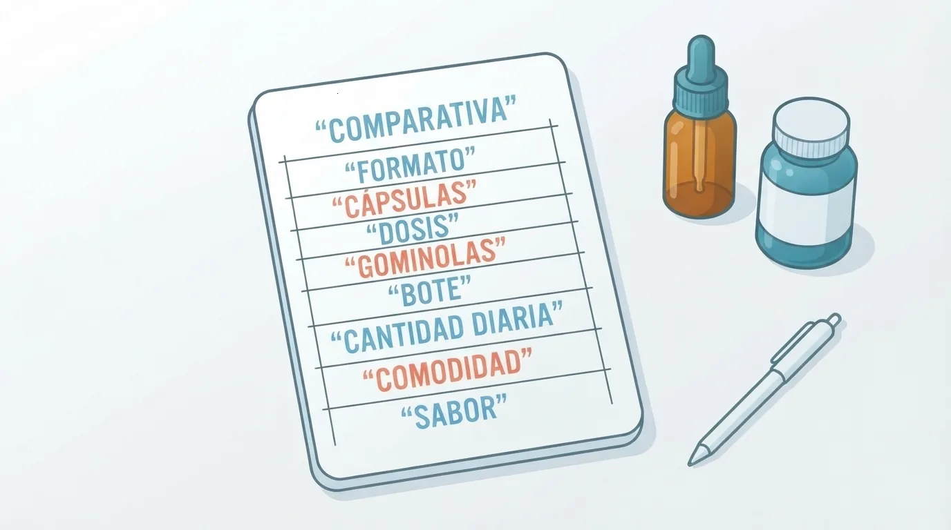 Notepad with a hand-drawn comparison grid next to supplement bottles