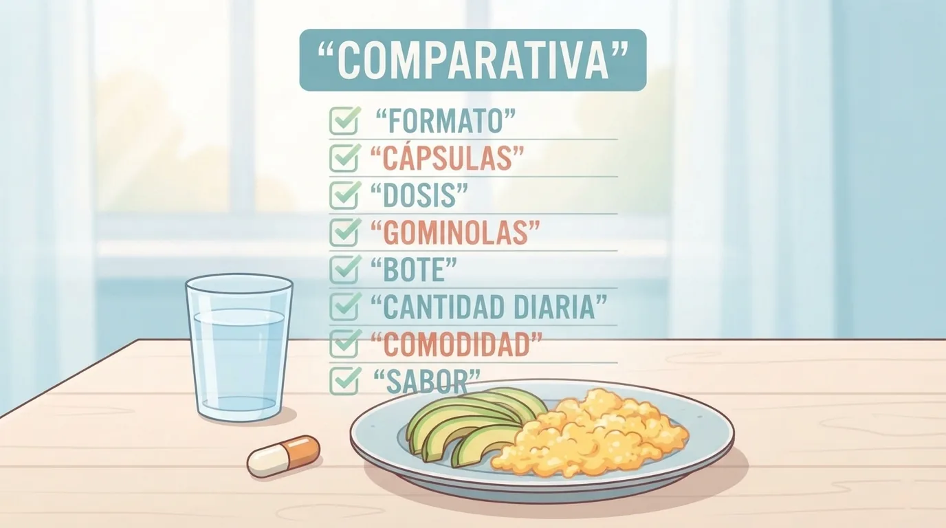 Breakfast plate with eggs and avocado next to a supplement and a glass of water