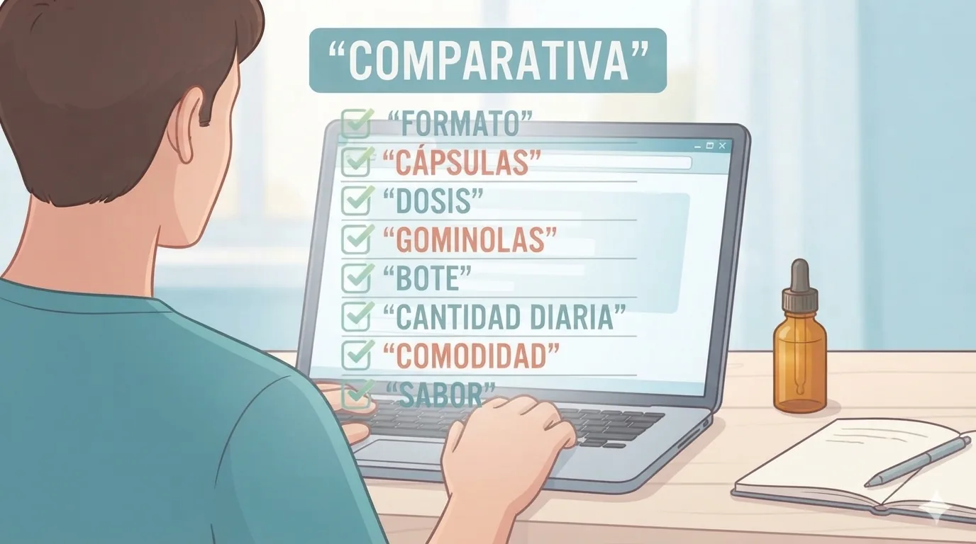 Person reading questions on a laptop with a supplement bottle nearby