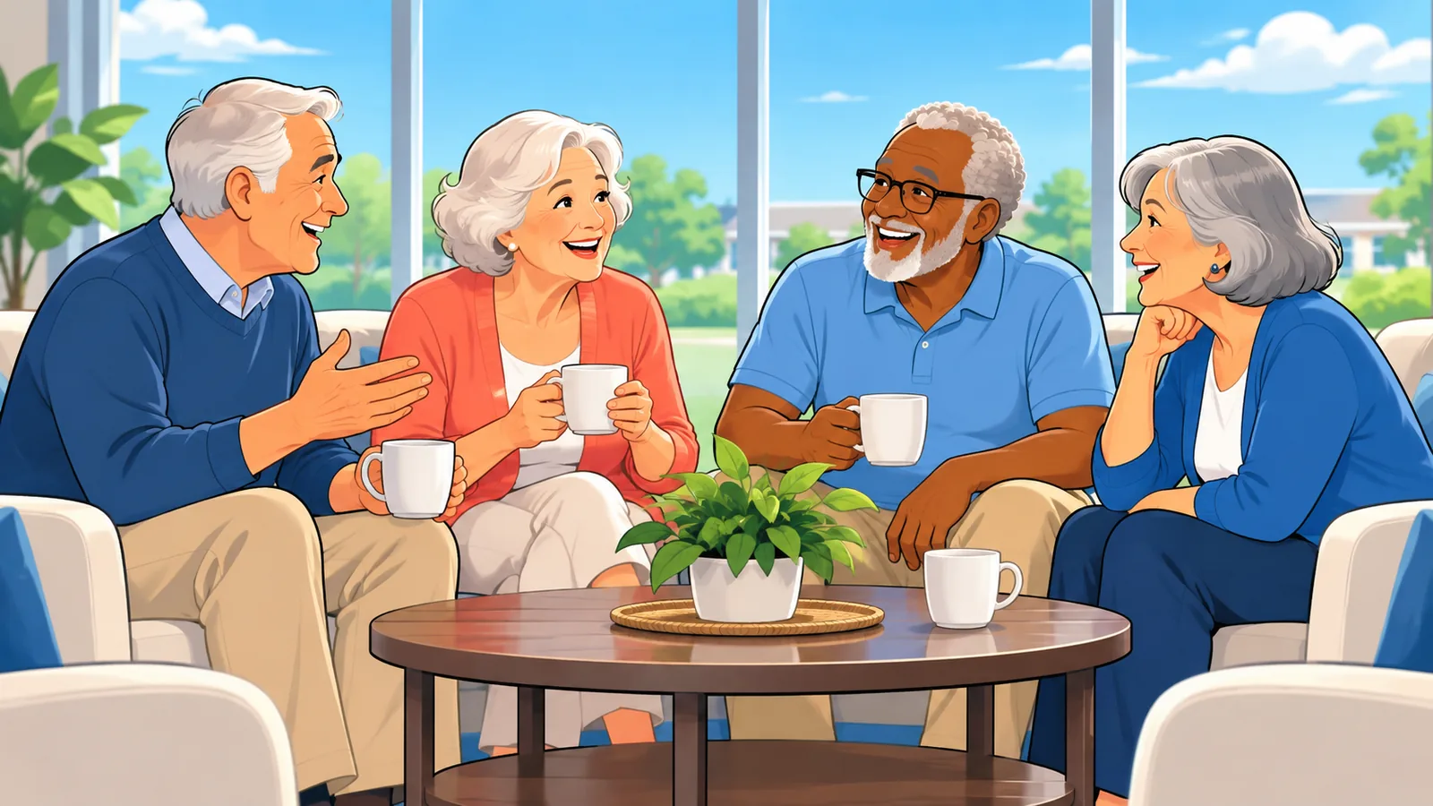 Neighbors chatting in a retirement community clubhouse
