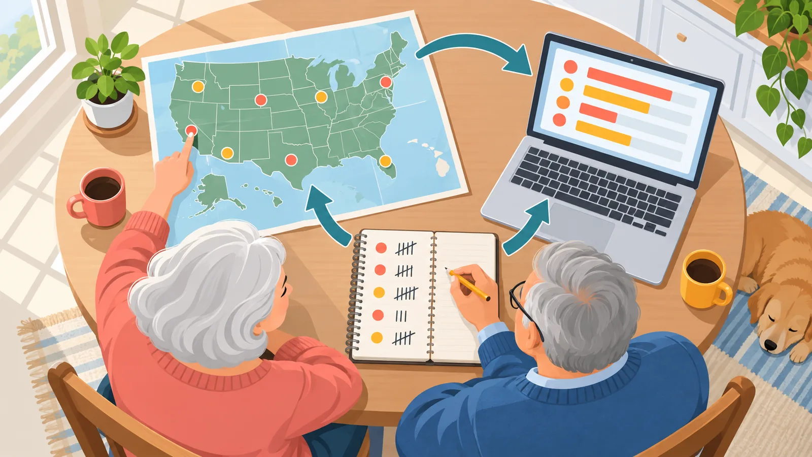 Retired couple comparing states on a map