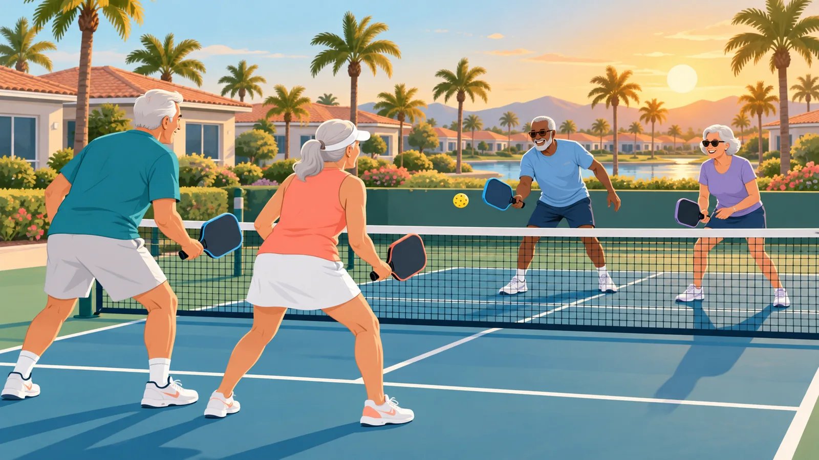 Active adults playing pickleball in a 55+ community