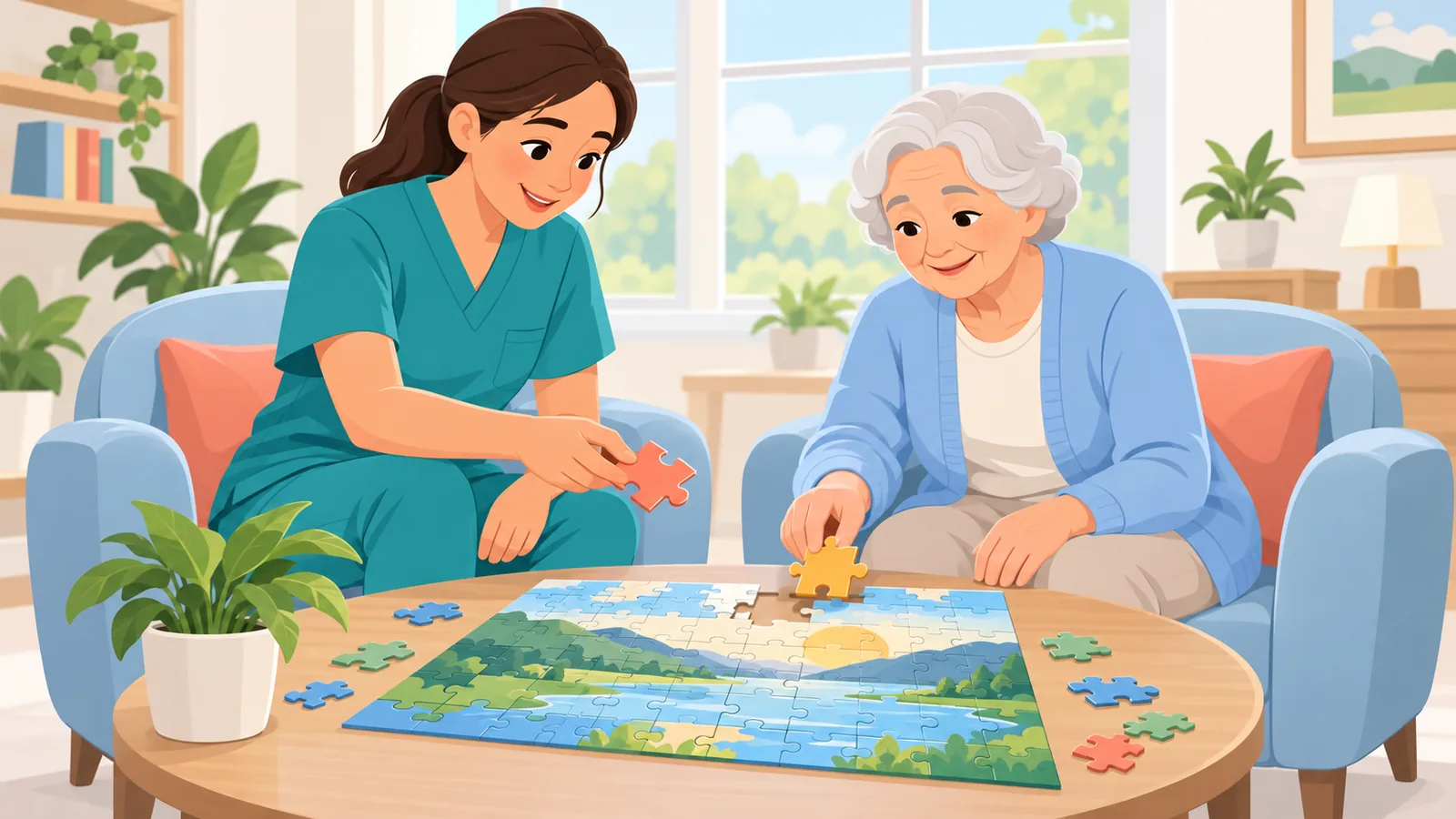 Caregiver assisting a resident in an assisted living common area