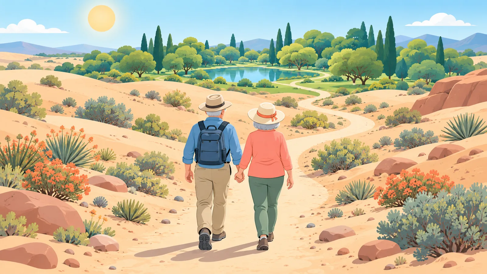 Retired couple exploring different regional landscapes