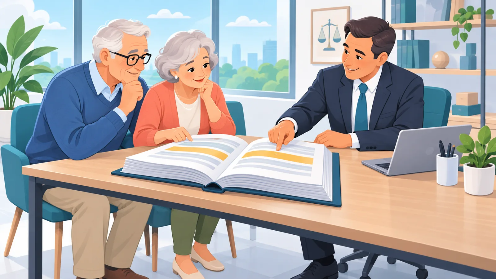 Couple reviewing a contract with an elder-law attorney