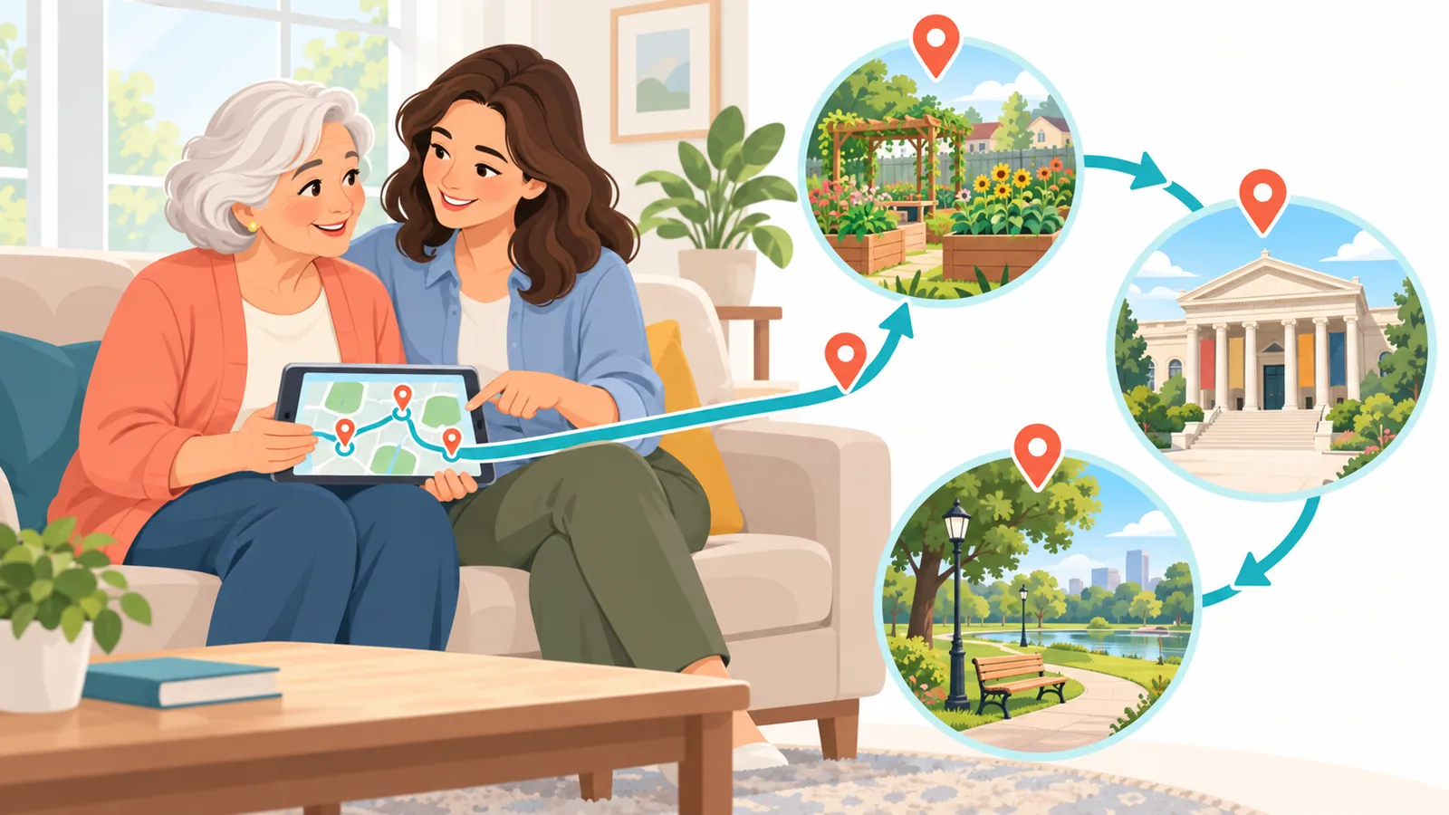 Mother and daughter planning retirement community tours