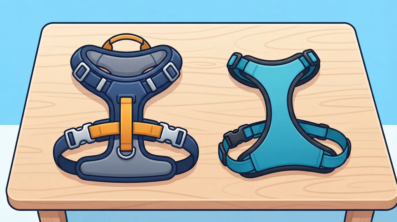 Two dog harnesses compared side by side on a wooden table