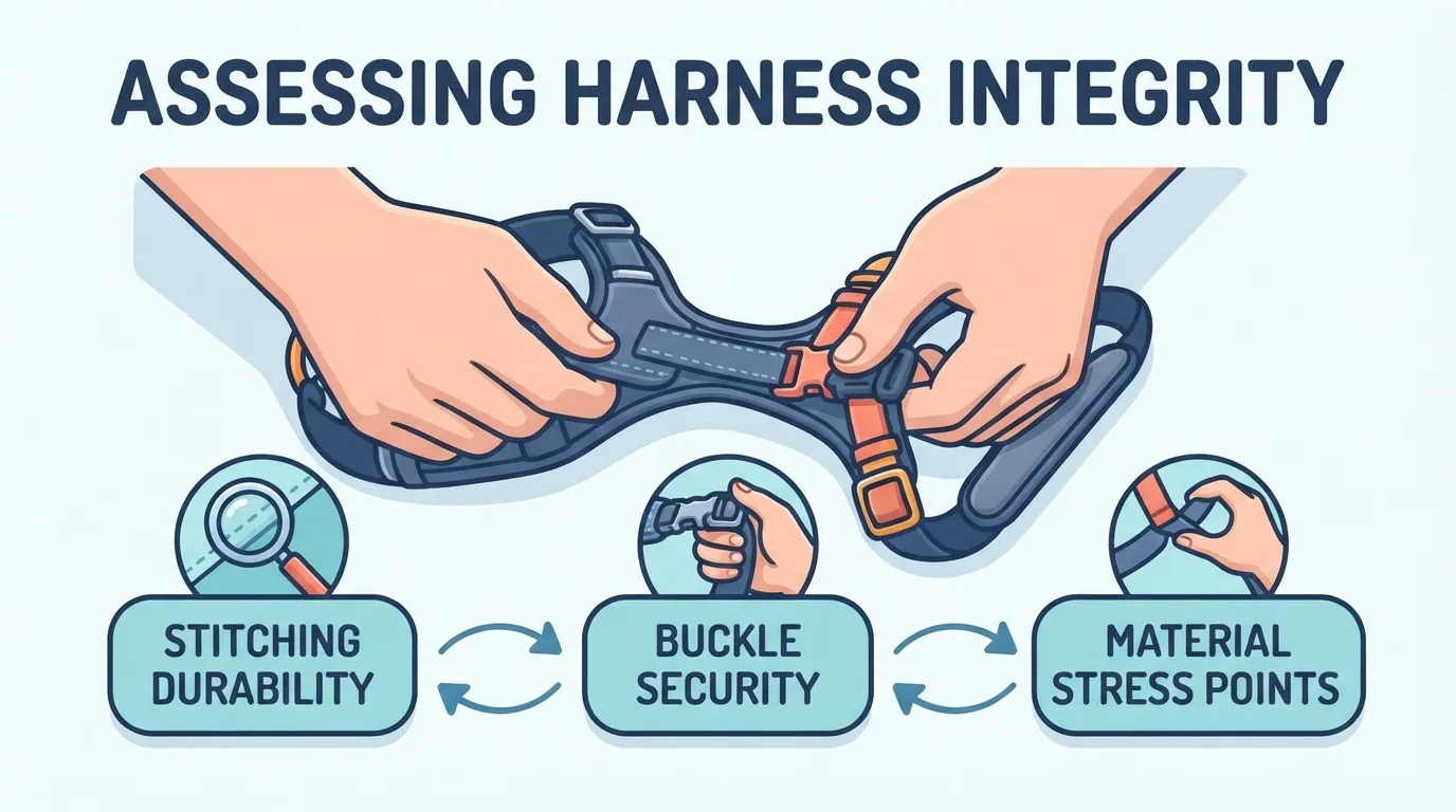 Hands inspecting the stitching and buckles on a dog harness