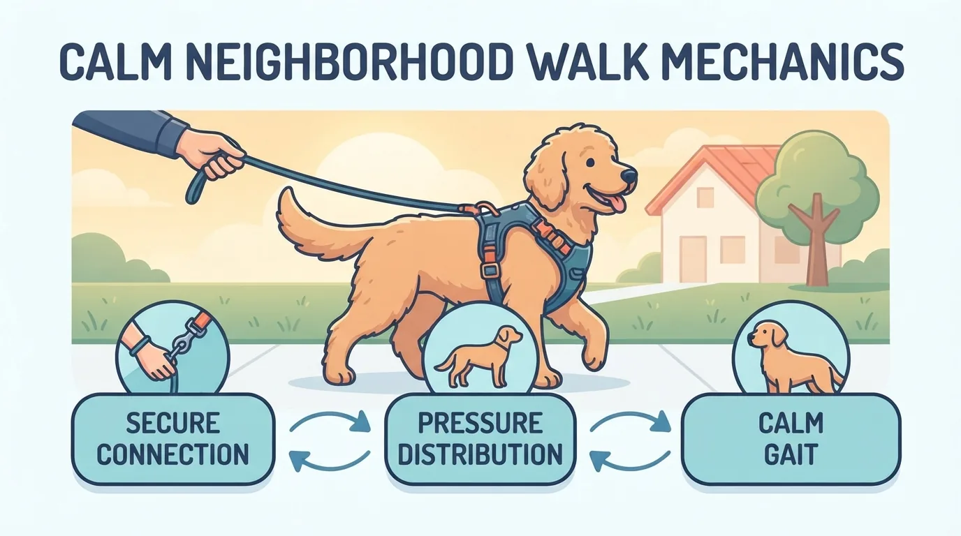 Medium dog in a harness on a quiet neighborhood walk