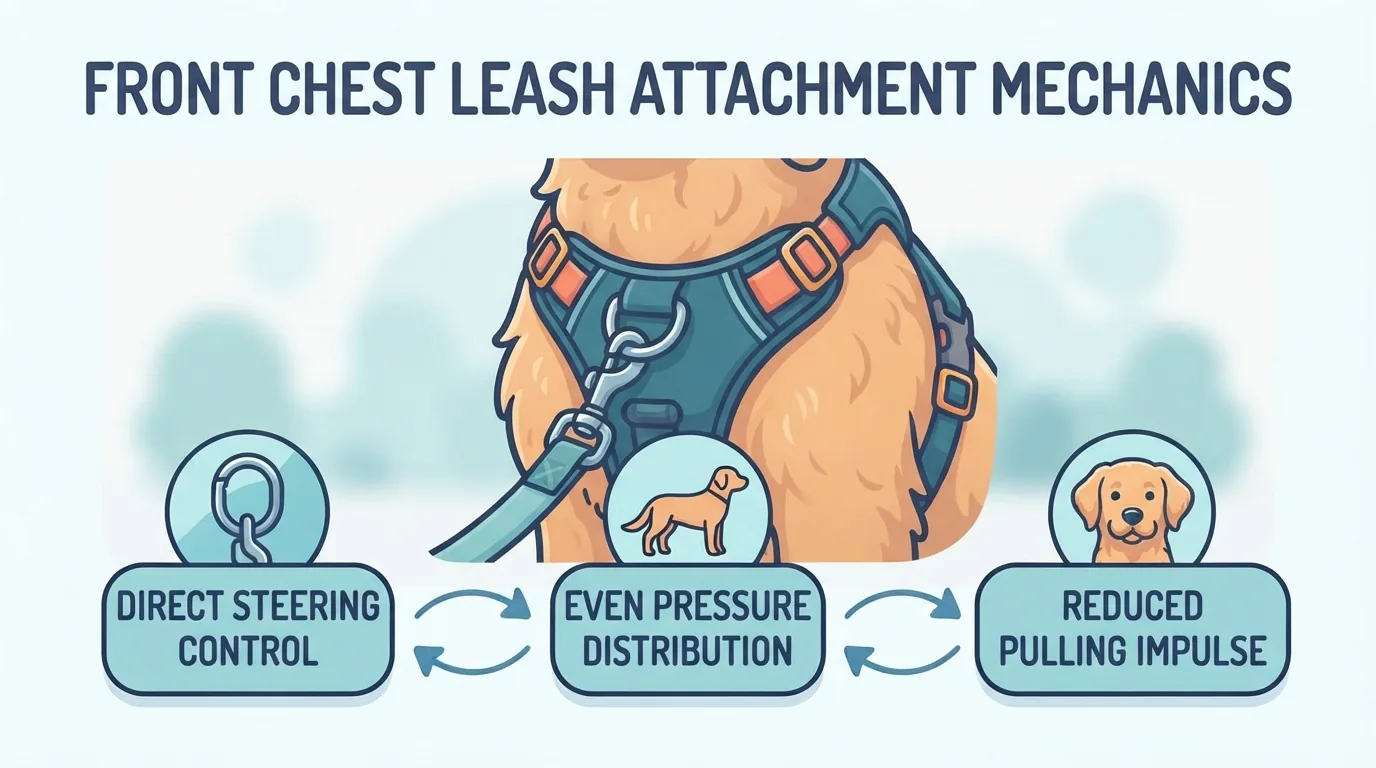 Leash clipped to the front chest ring of a dog harness