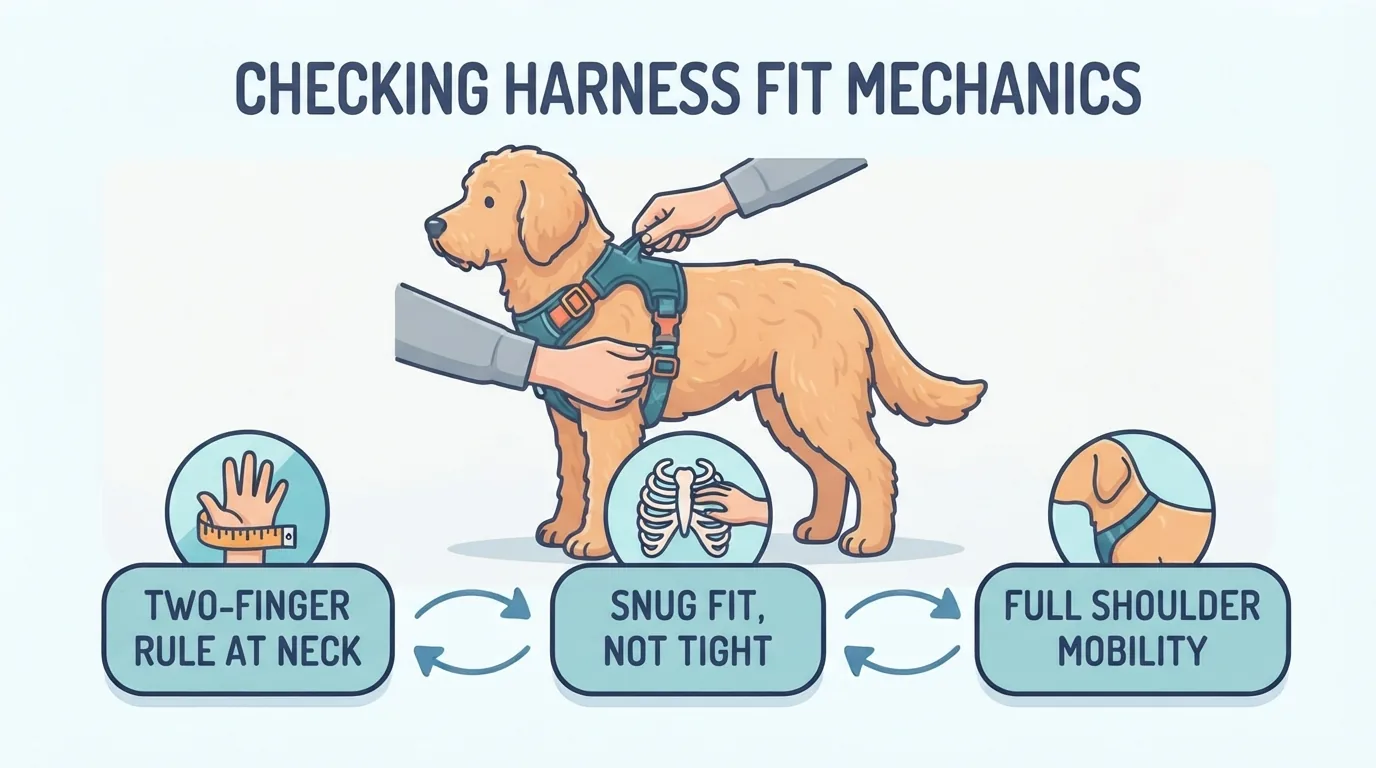 Owner checking how a harness fits on a standing dog