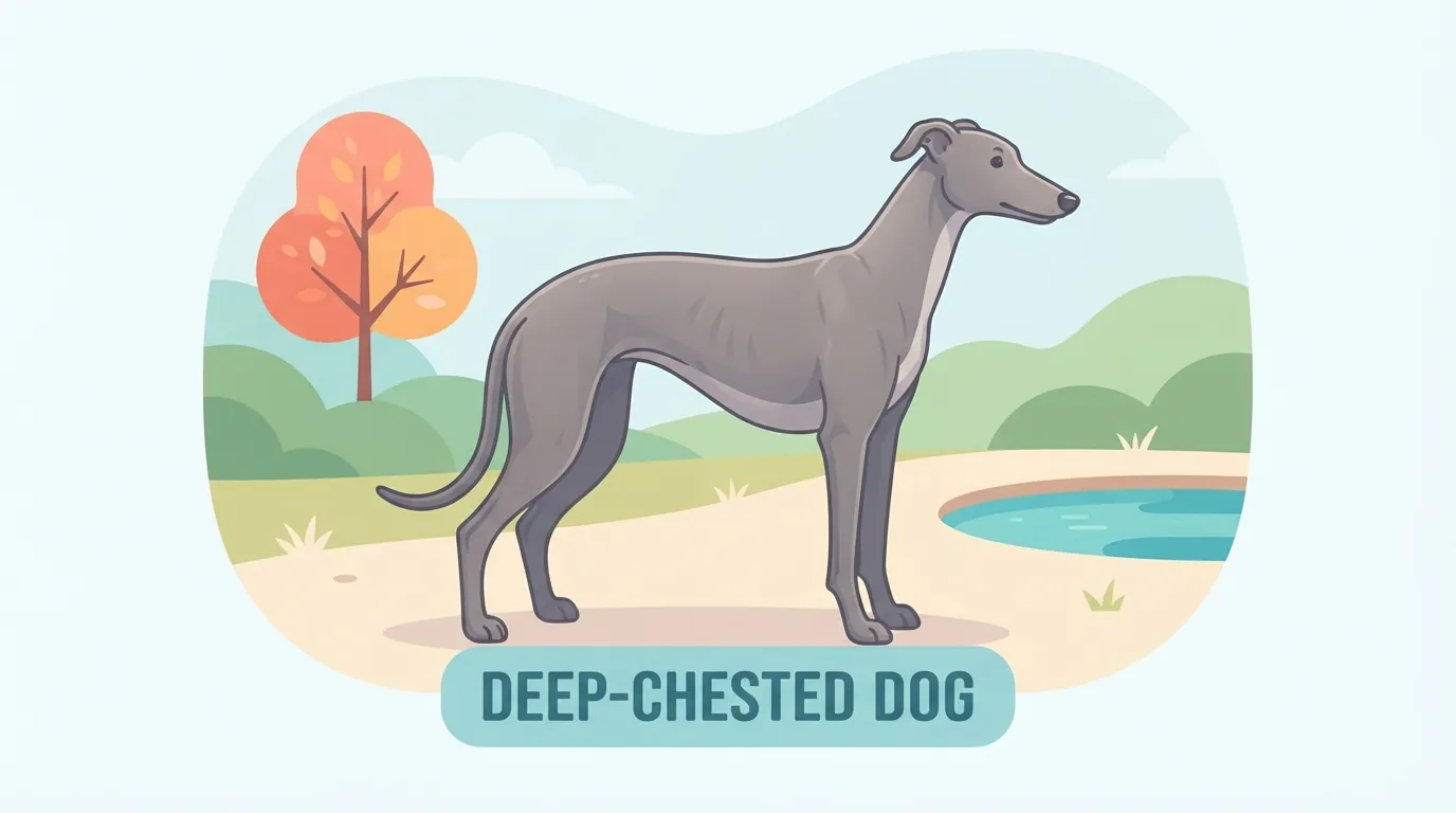 Deep-chested dog standing in profile in a park