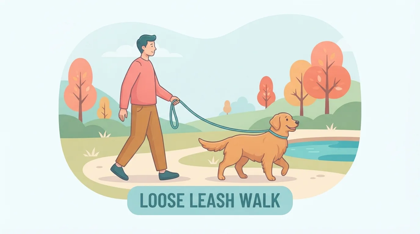 Dog walking on a loose leash next to its owner