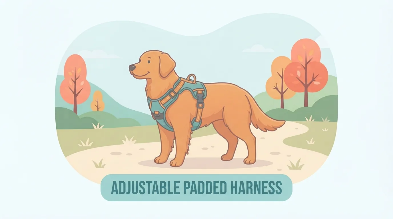 Dog wearing an adjustable padded harness on a trail