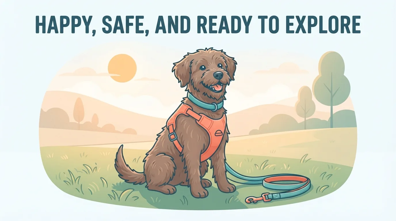 Happy dog in a harness sitting on the grass