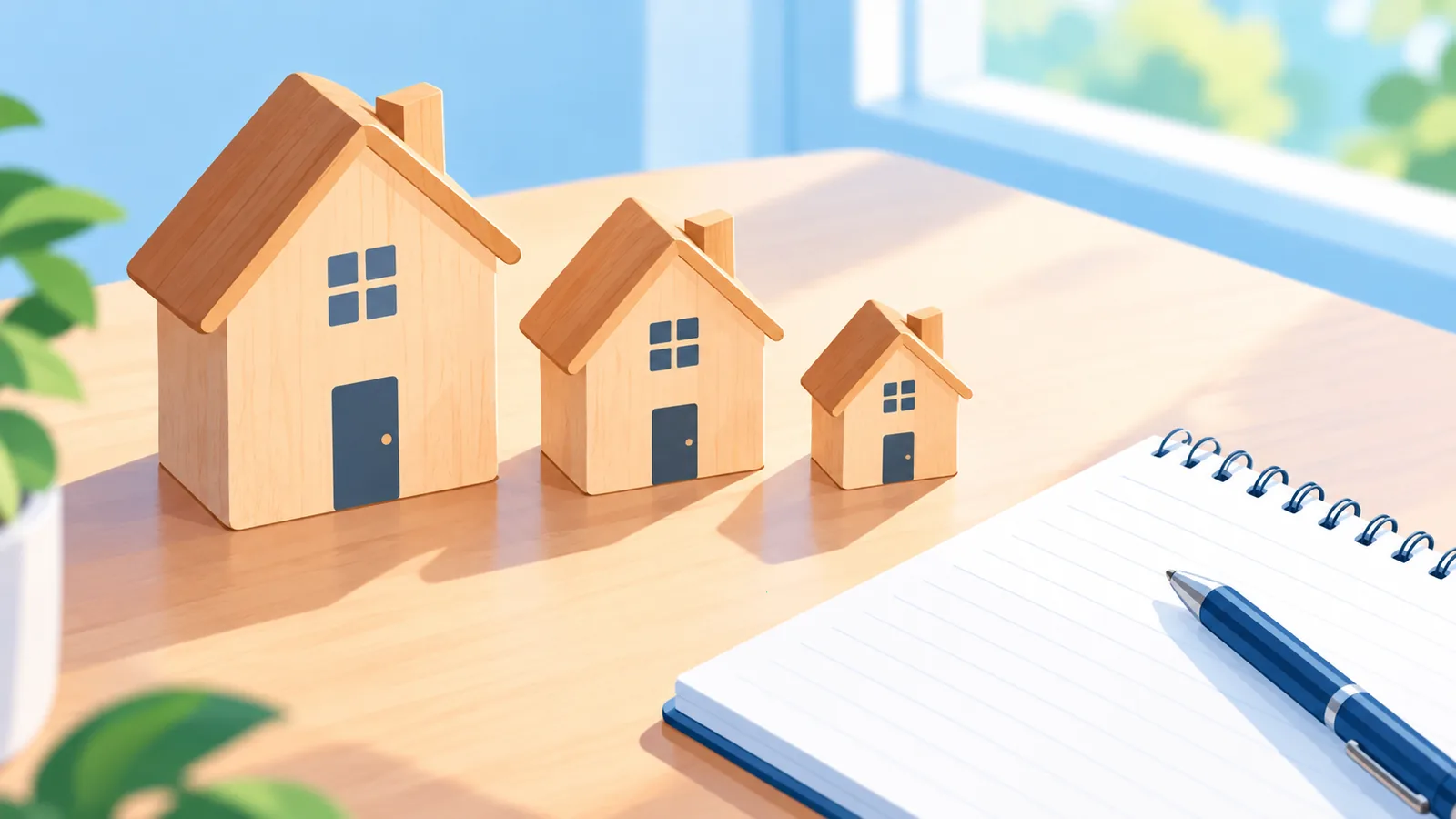 Three small house models on a desk representing different buyer questions