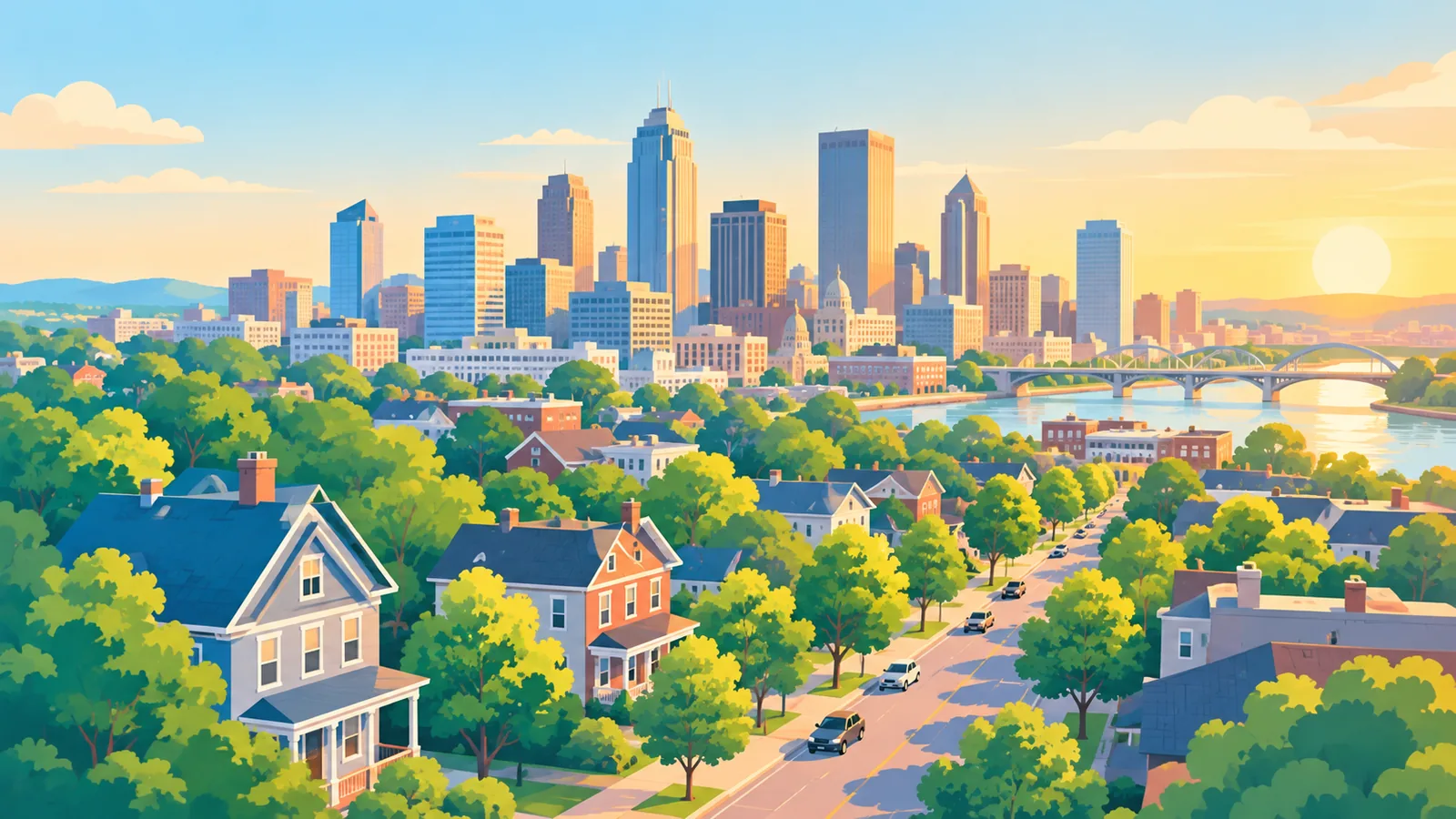 Aerial view of a mid-sized U.S. city with residential neighborhoods