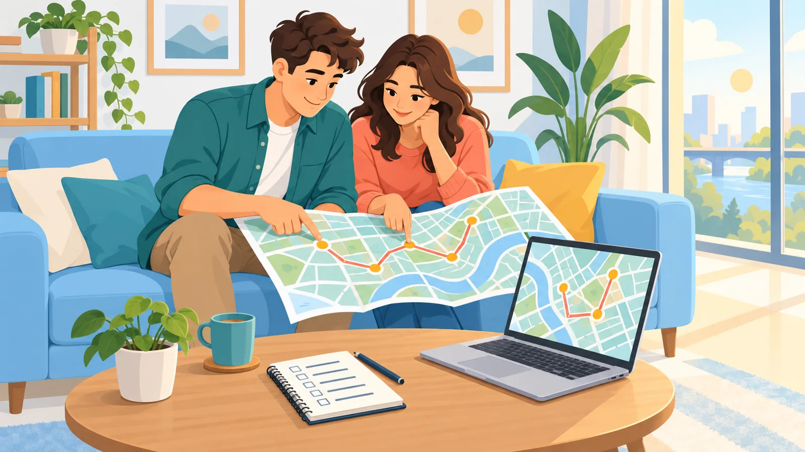 Two people comparing neighborhoods and must-haves for a shared apartment