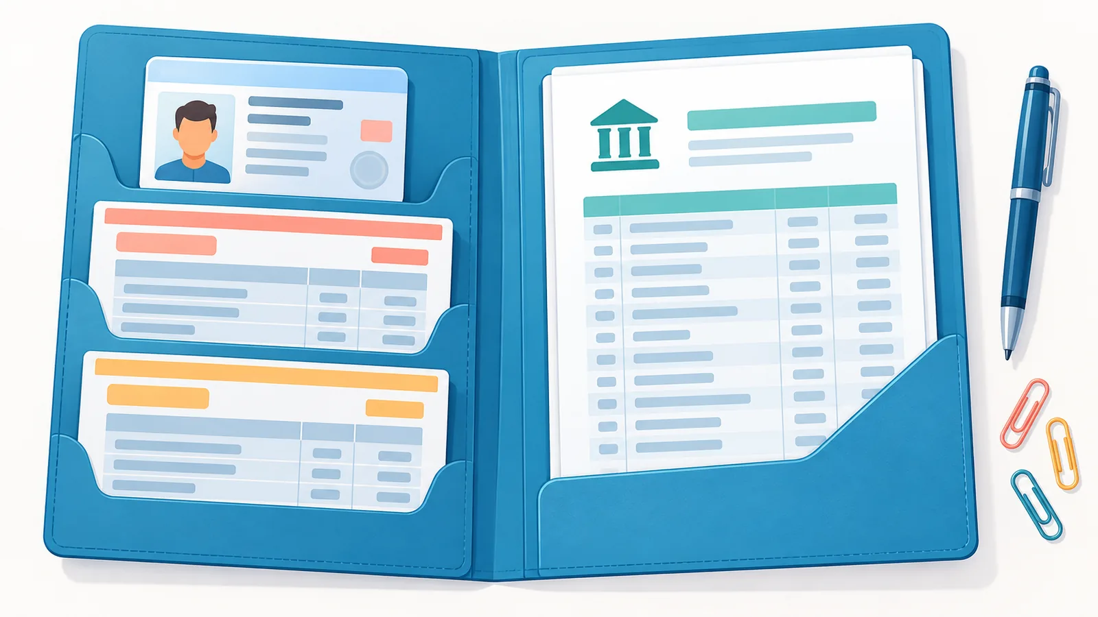 Folder with ID, pay stubs, and bank statement for a rental application