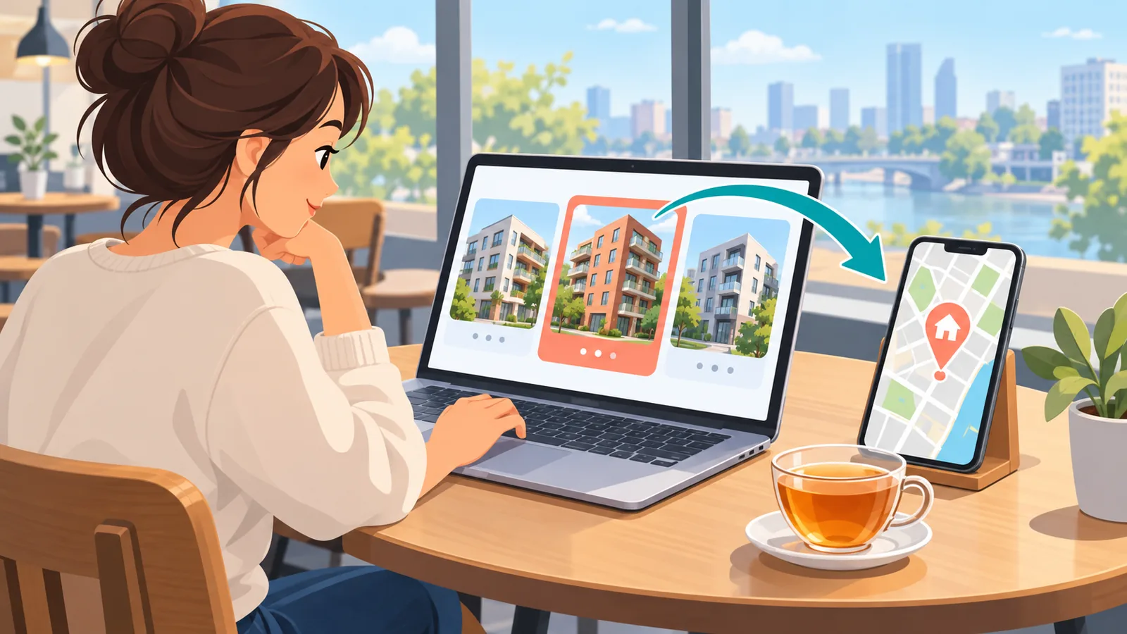 Person searching online apartment listings at a cafe