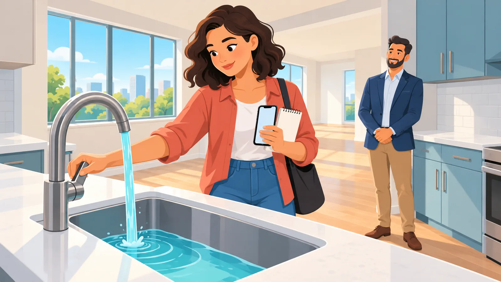 Renter checking the kitchen faucet during an apartment tour