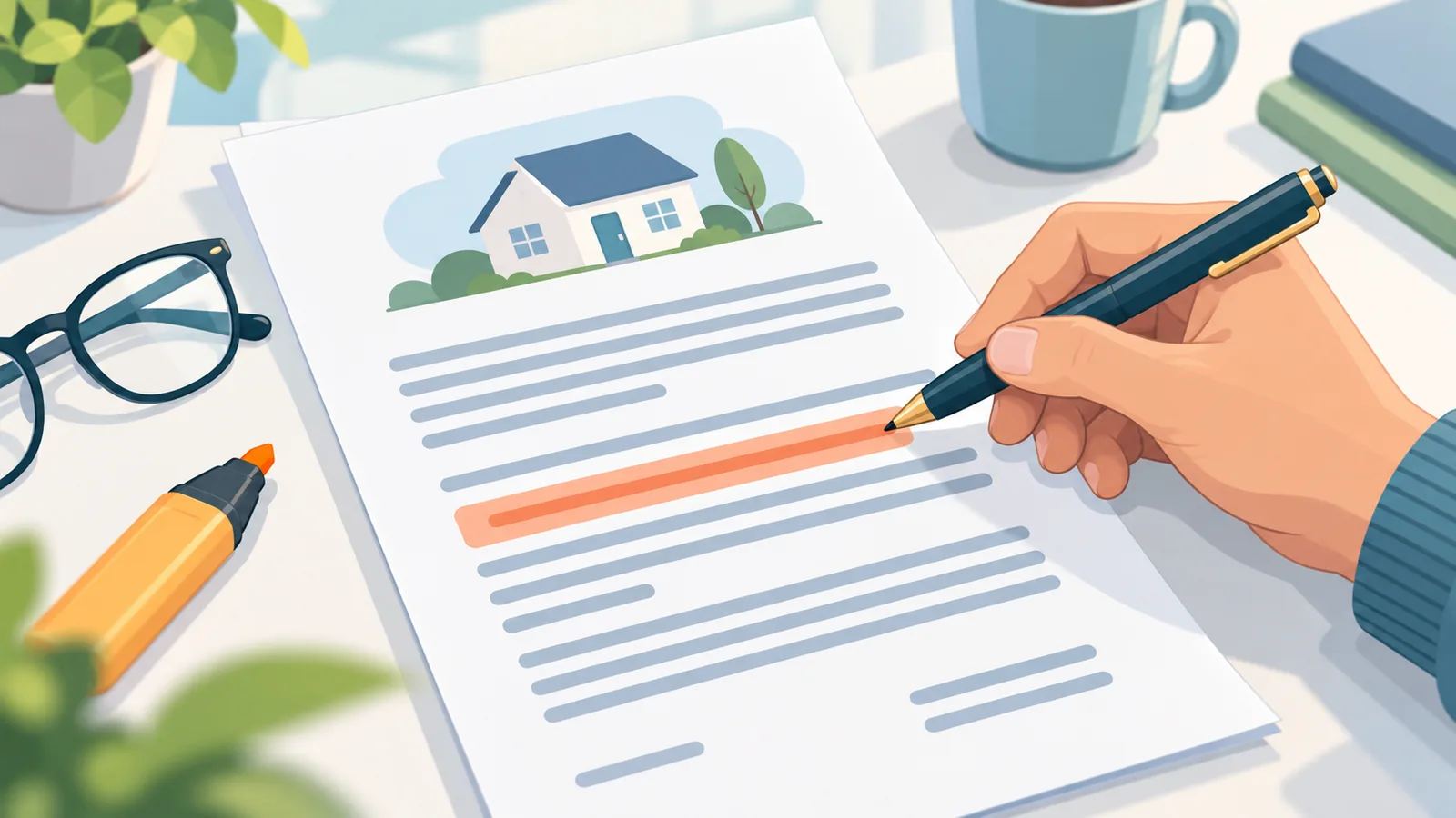 Hand with a pen reviewing a lease agreement before signing