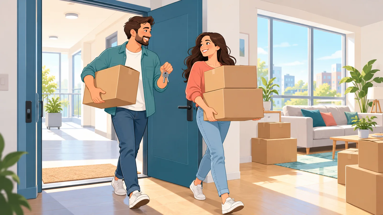 Couple carrying moving boxes into a new apartment