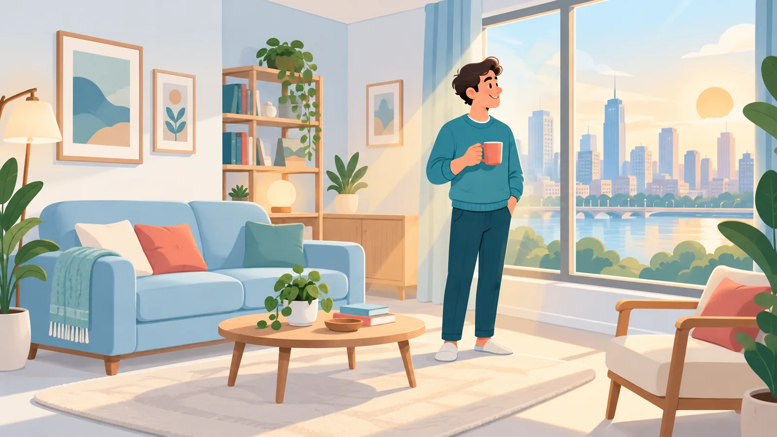 Smiling renter in a bright new apartment living room