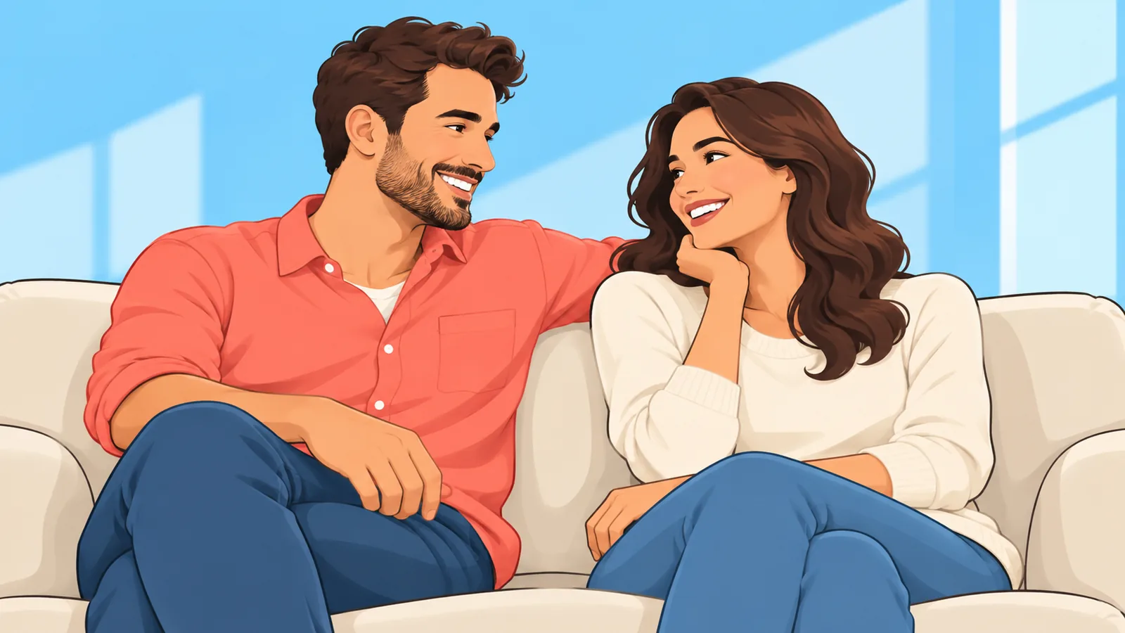 Two partners relaxing together on a sofa in a bright living room