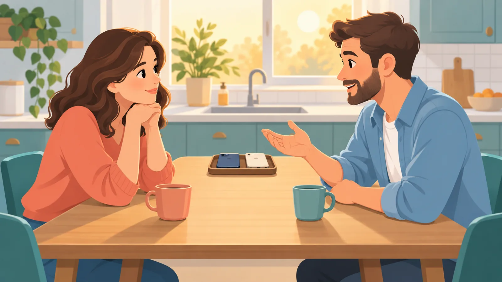 A couple having an attentive conversation at a kitchen table