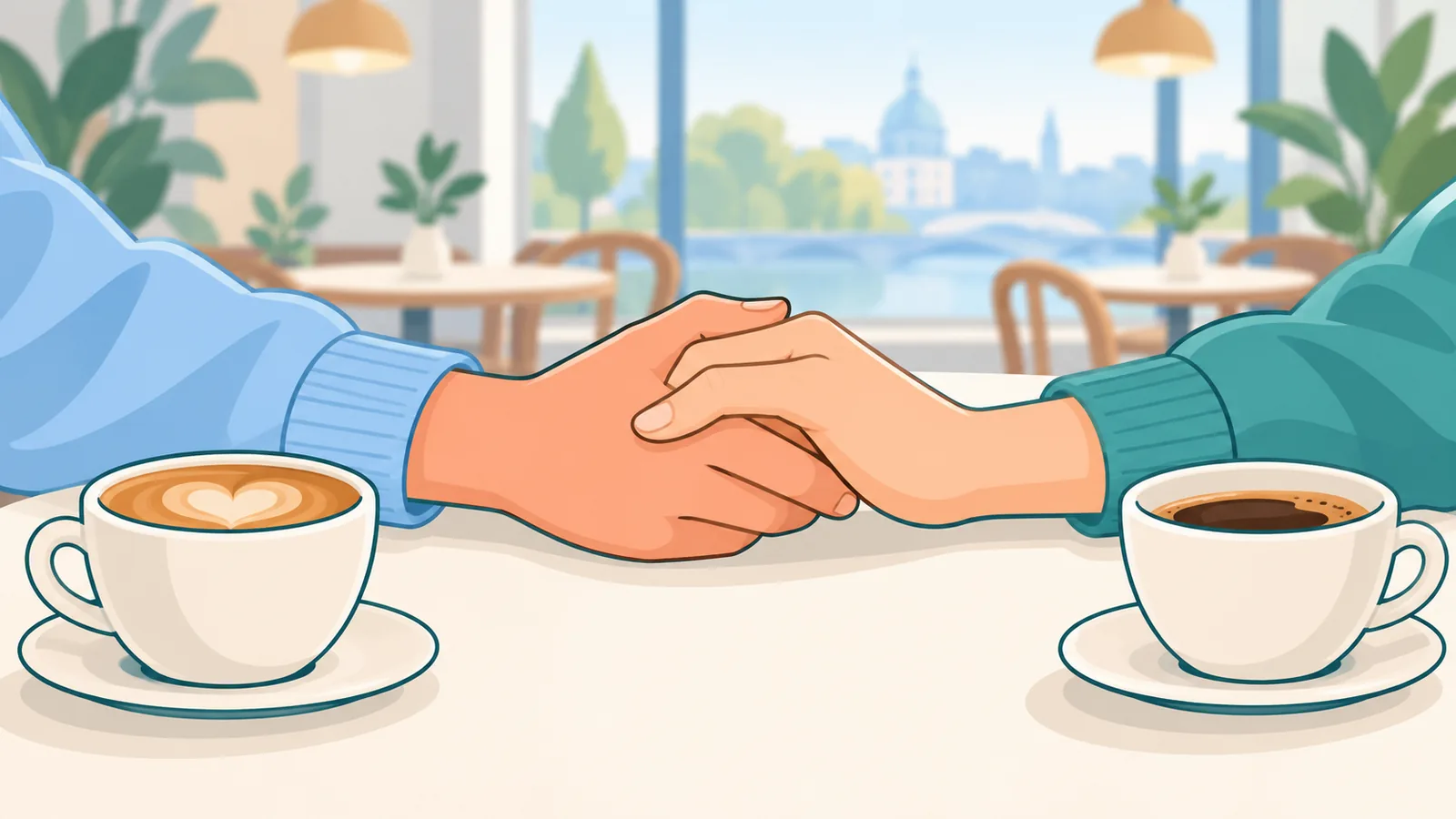Two hands held across a cafe table next to coffee cups