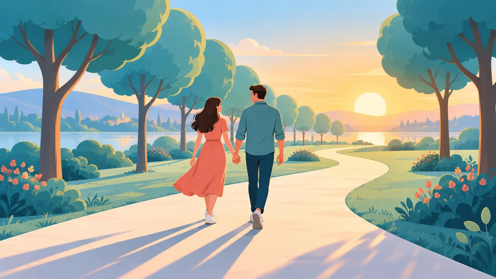 A couple walking hand in hand in a park at sunset