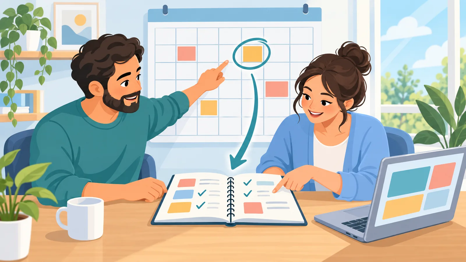Two partners planning shared goals with a calendar
