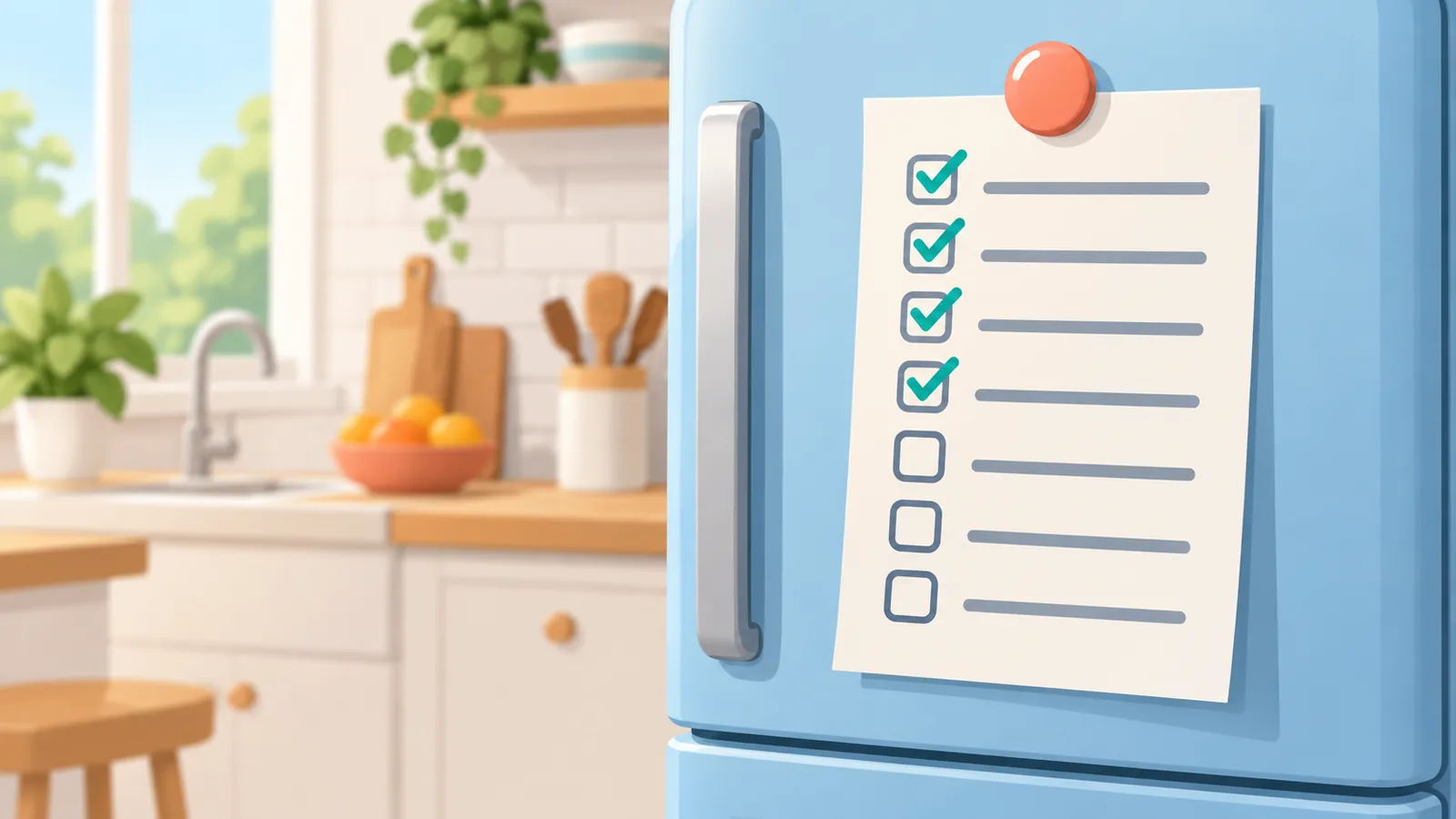 Weekly relationship checklist on a refrigerator door