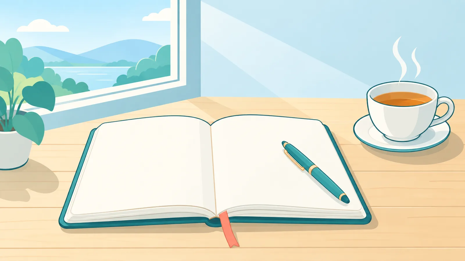 Open notebook and tea on a wooden table