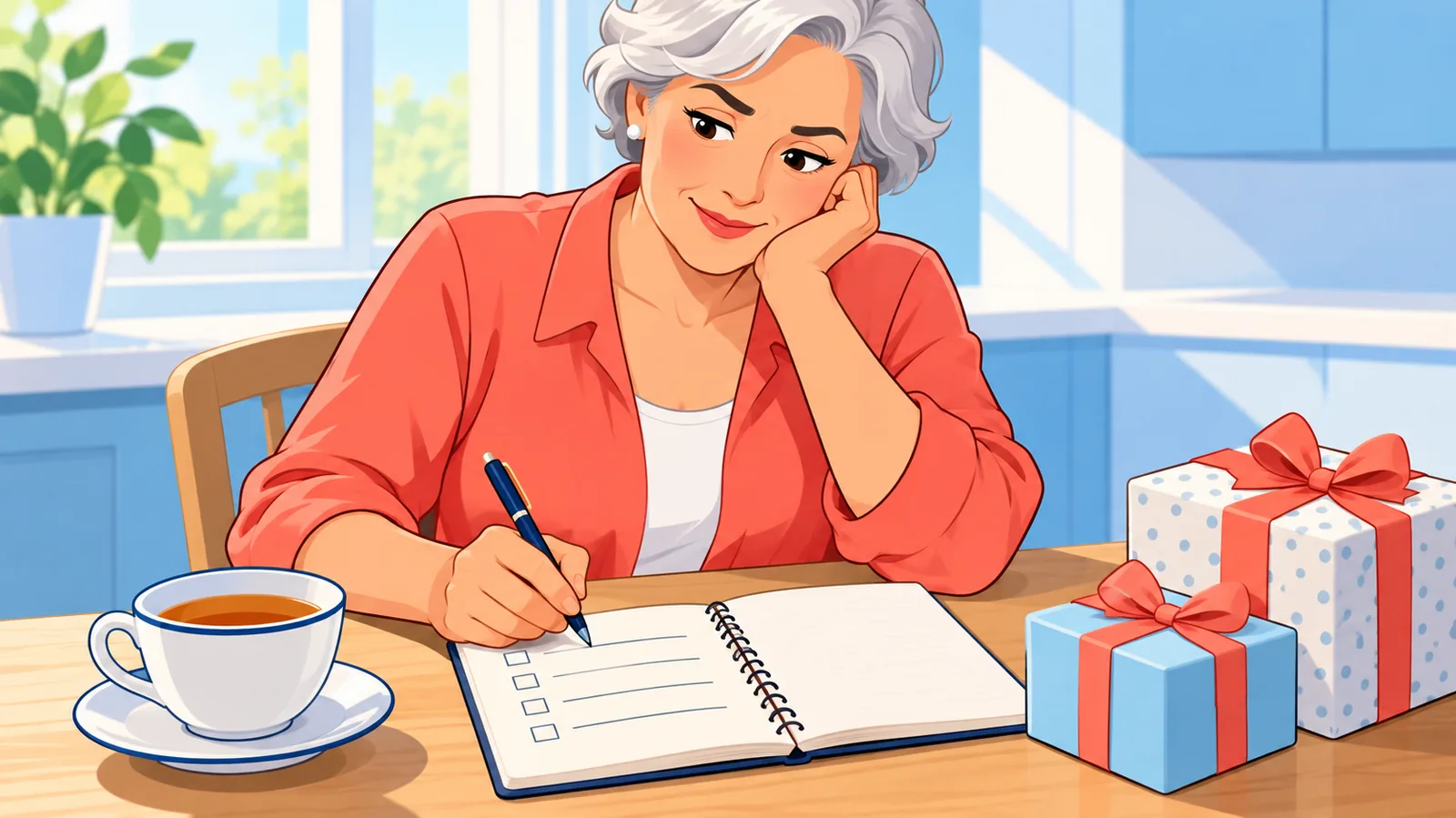 Woman writing a retirement gift shortlist at a sunny kitchen table