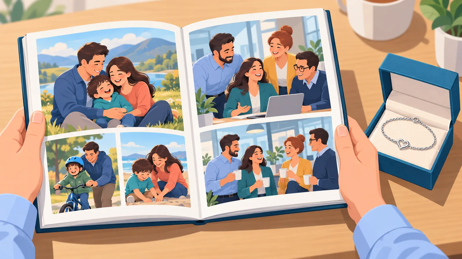 Custom photo book and engraved bracelet as personalized retirement keepsakes