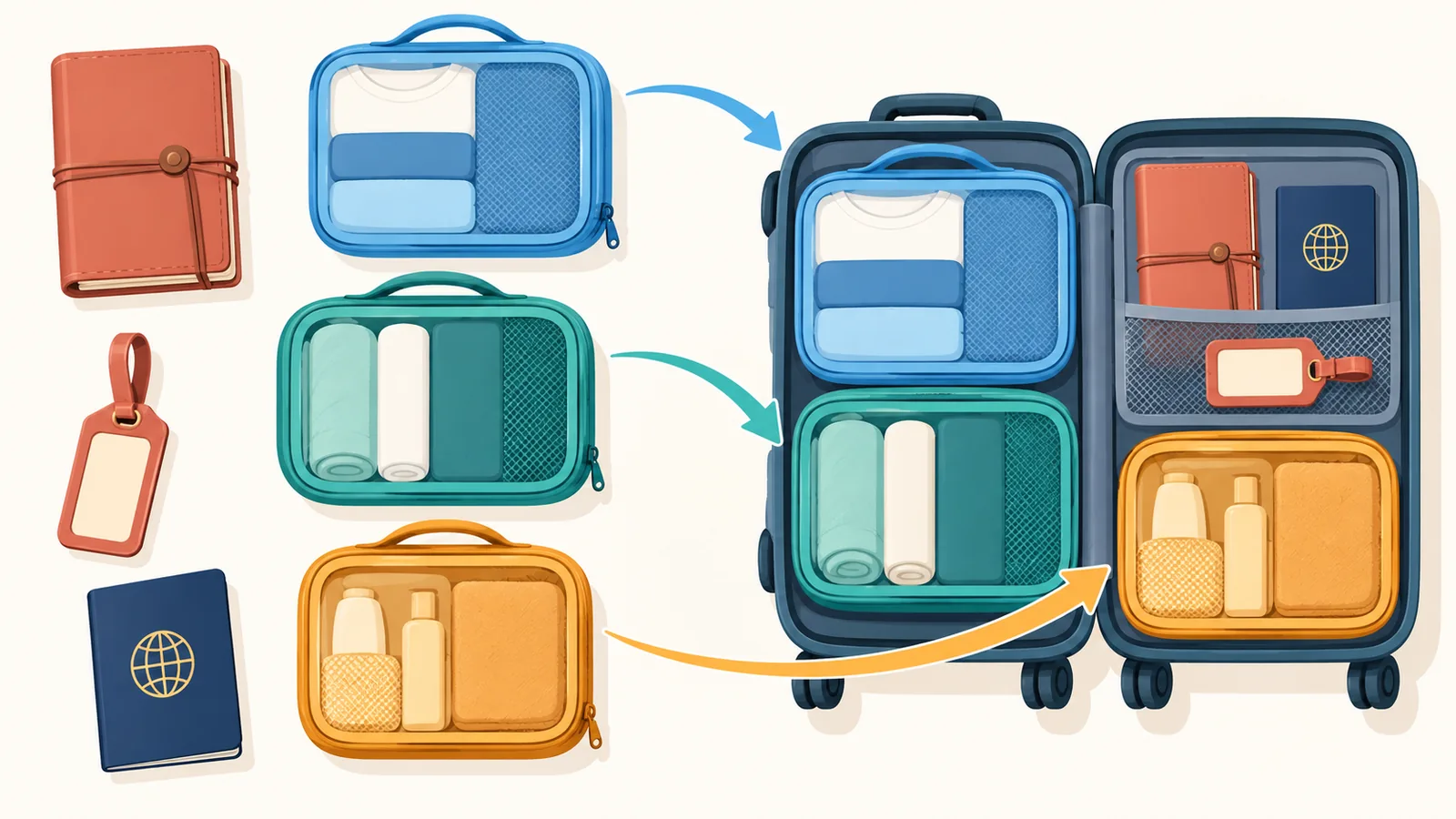 Travel journal, packing cubes and carry-on laid out as retirement travel gifts