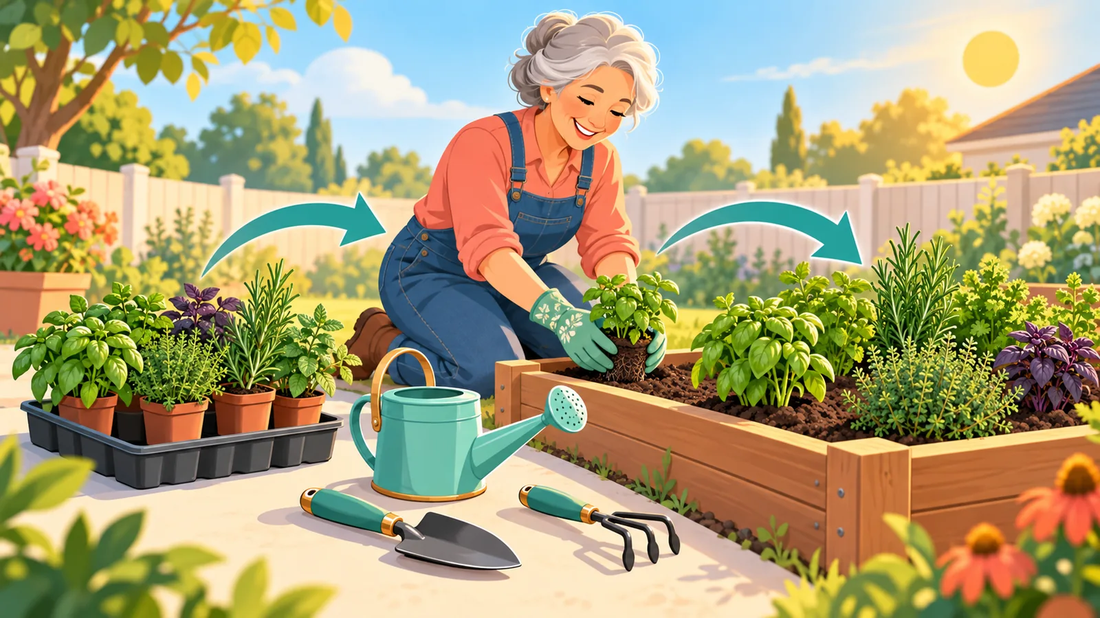 Retired woman gardening with a new tool set and herb pots