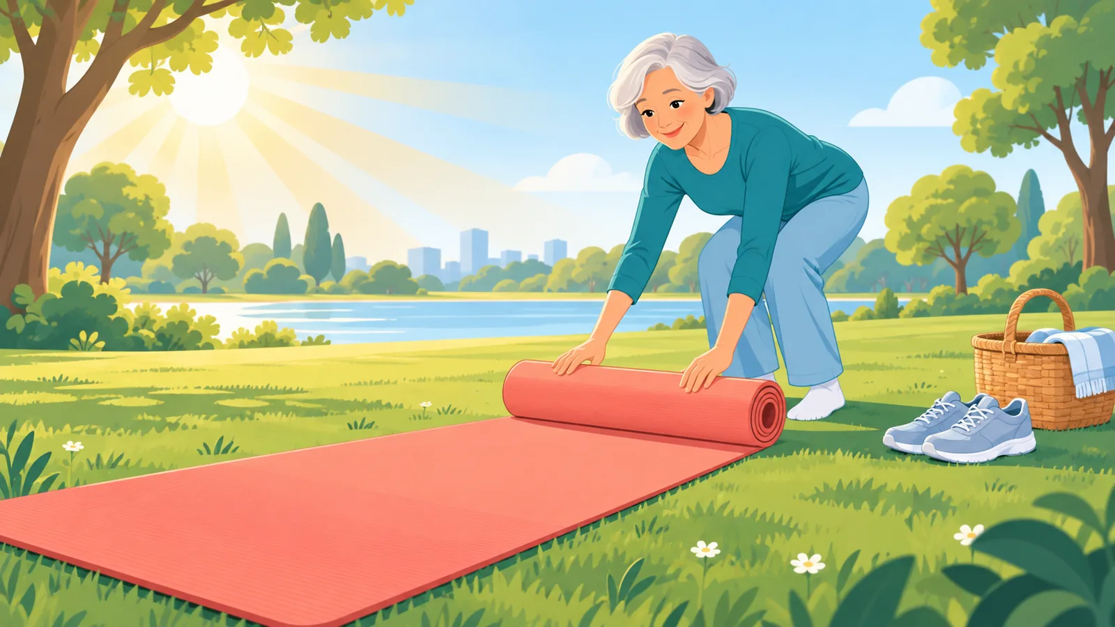 Woman with a yoga mat, walking shoes and picnic basket in a park