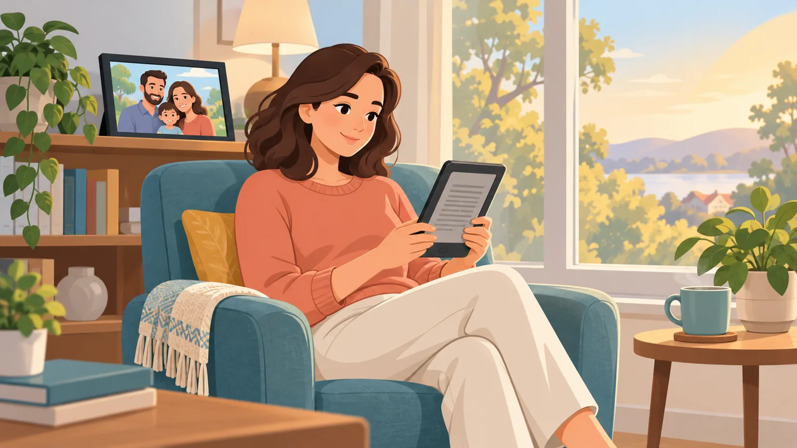 Woman reading on an e-reader beside a digital photo frame