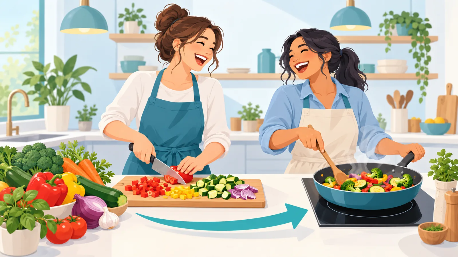 Two women enjoying a cooking class as an experience gift