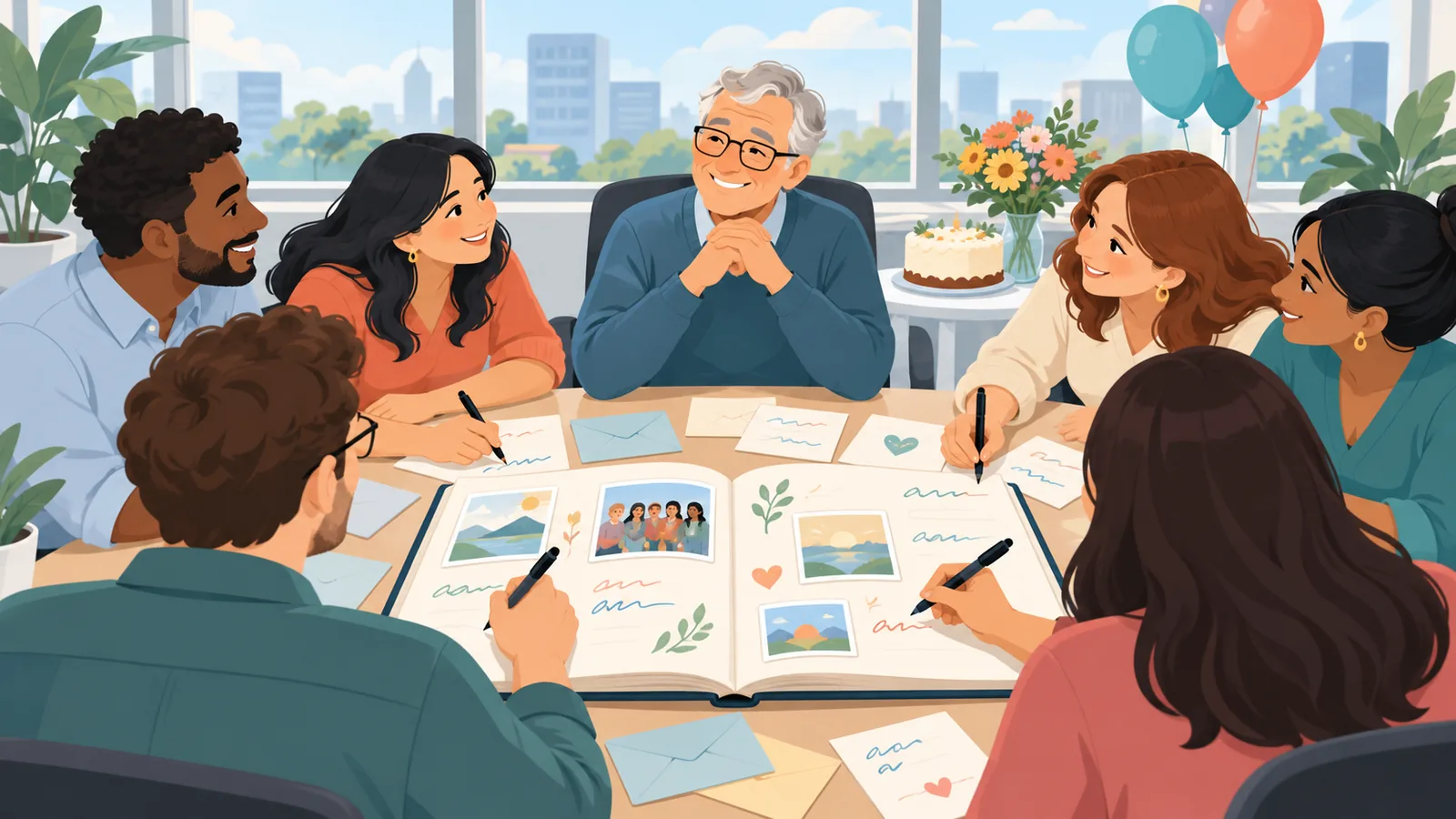 Coworkers signing a memory book for a retiring colleague