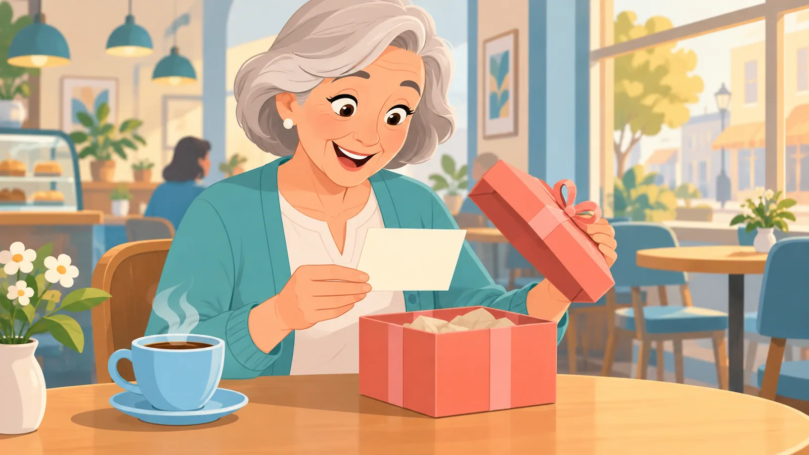 Retired woman smiling as she opens a gift with a handwritten card