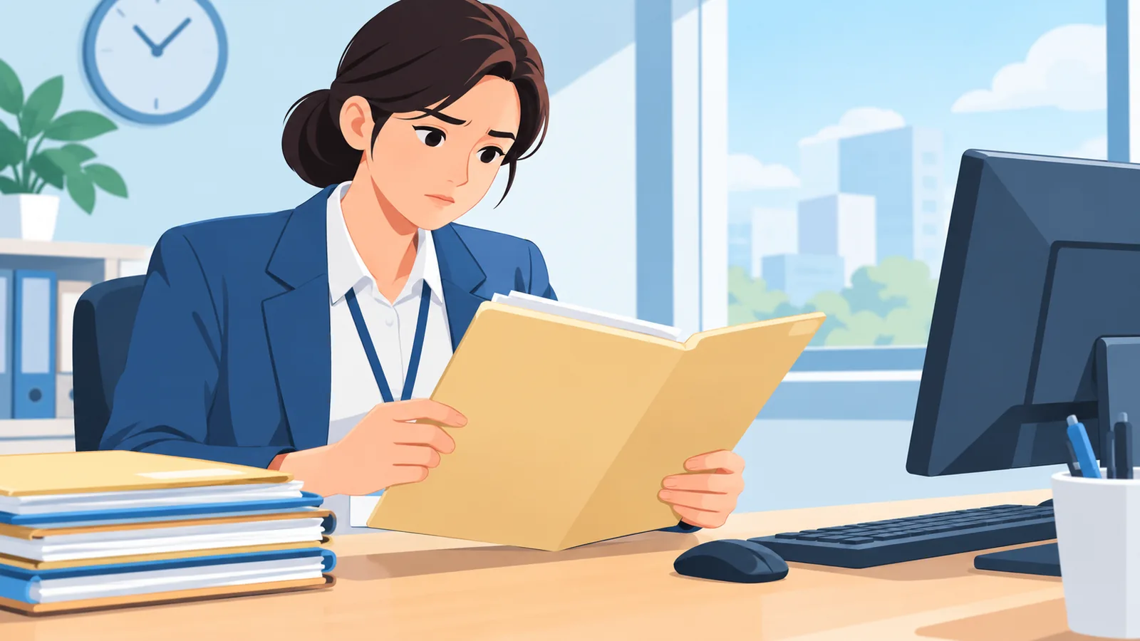 Office clerk reviewing a retirement file at a desk
