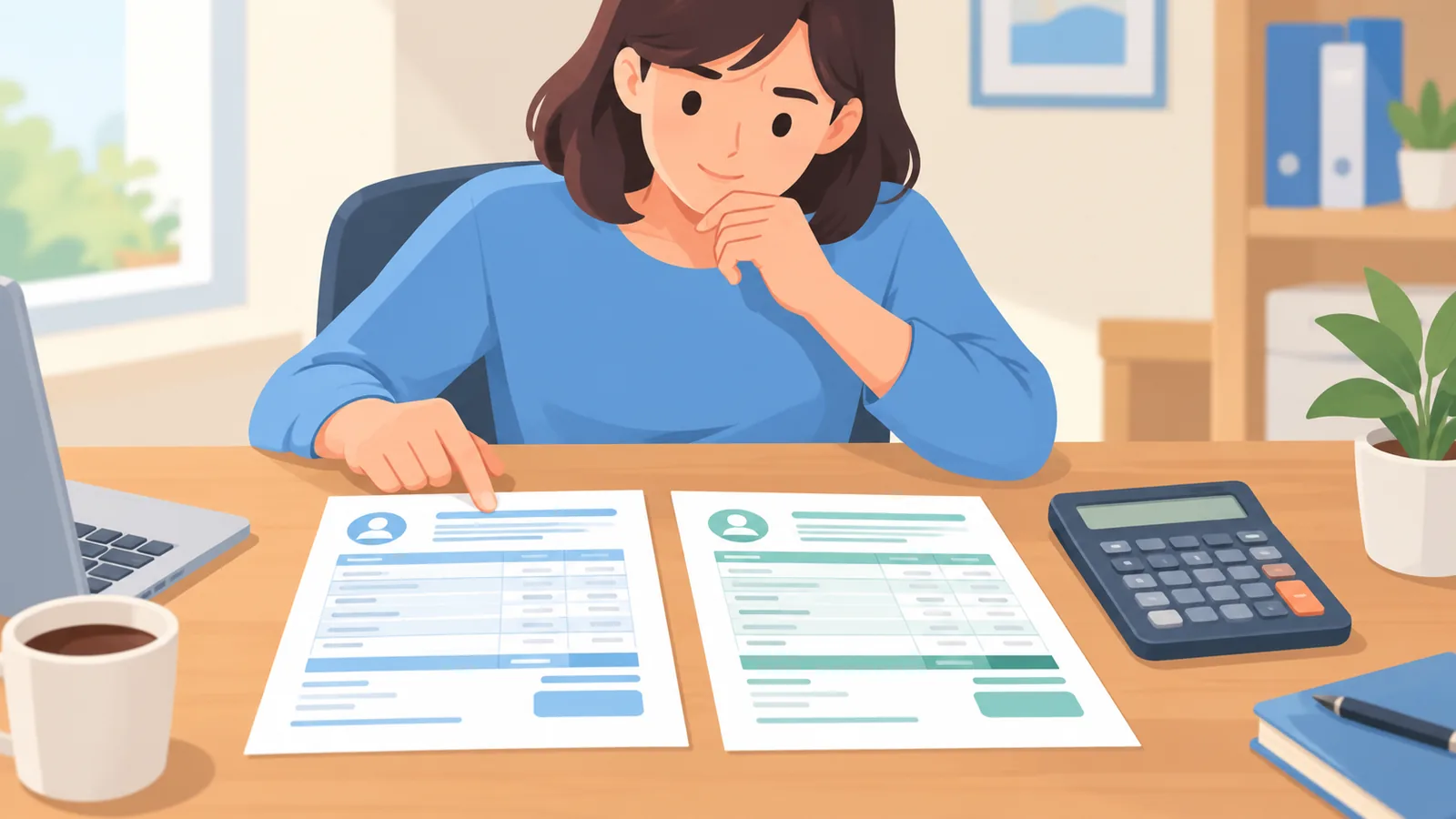 Worker comparing pay statements with a calculator