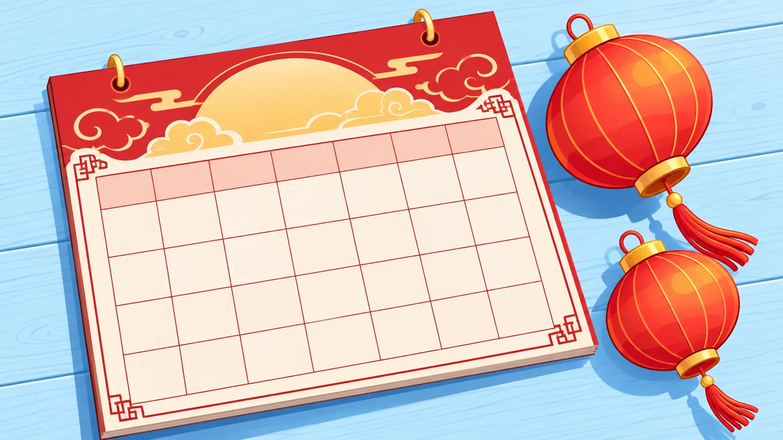 Chinese calendar page next to red paper lanterns on a wooden table