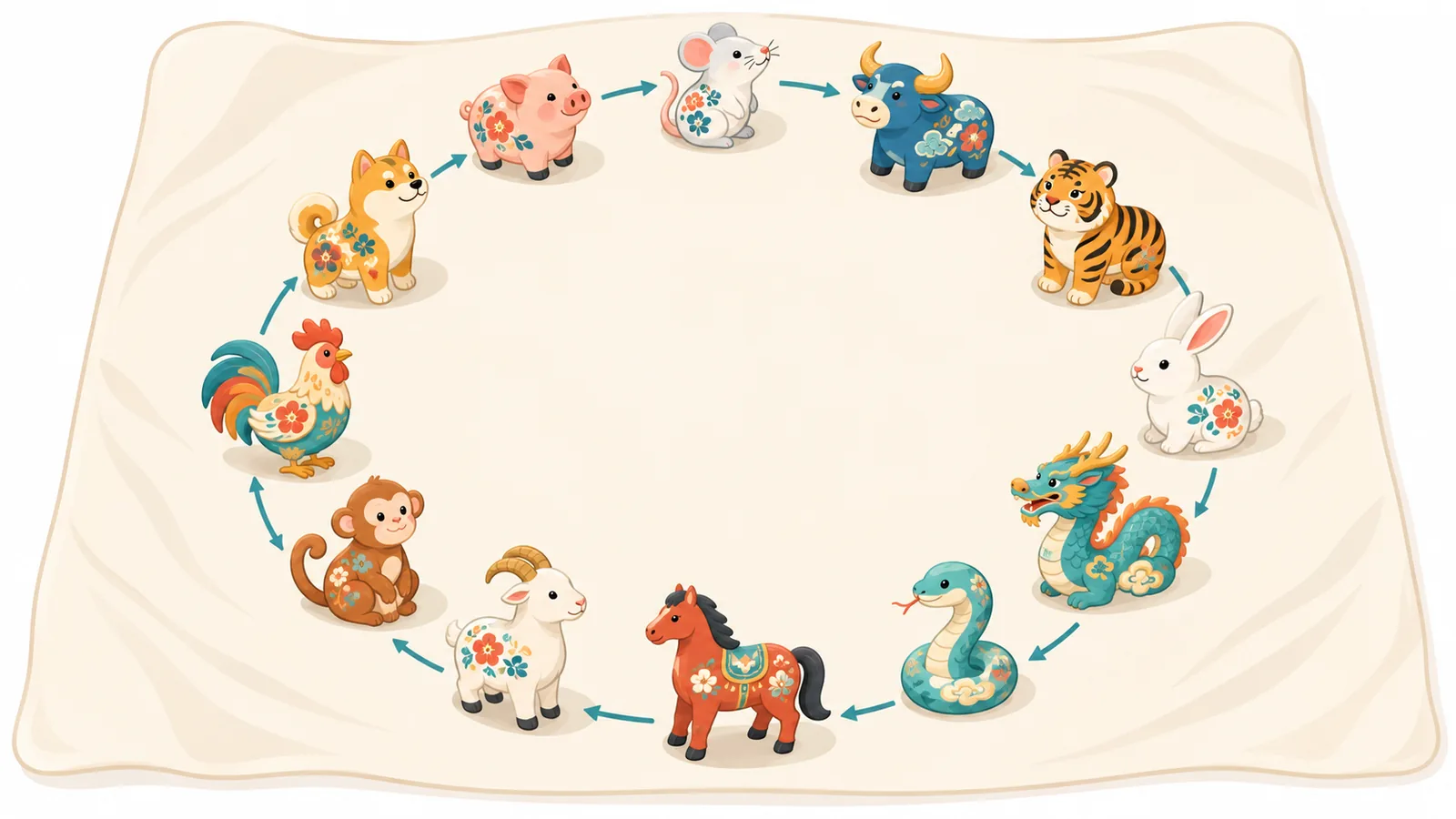 Twelve zodiac animal figurines arranged in a circle