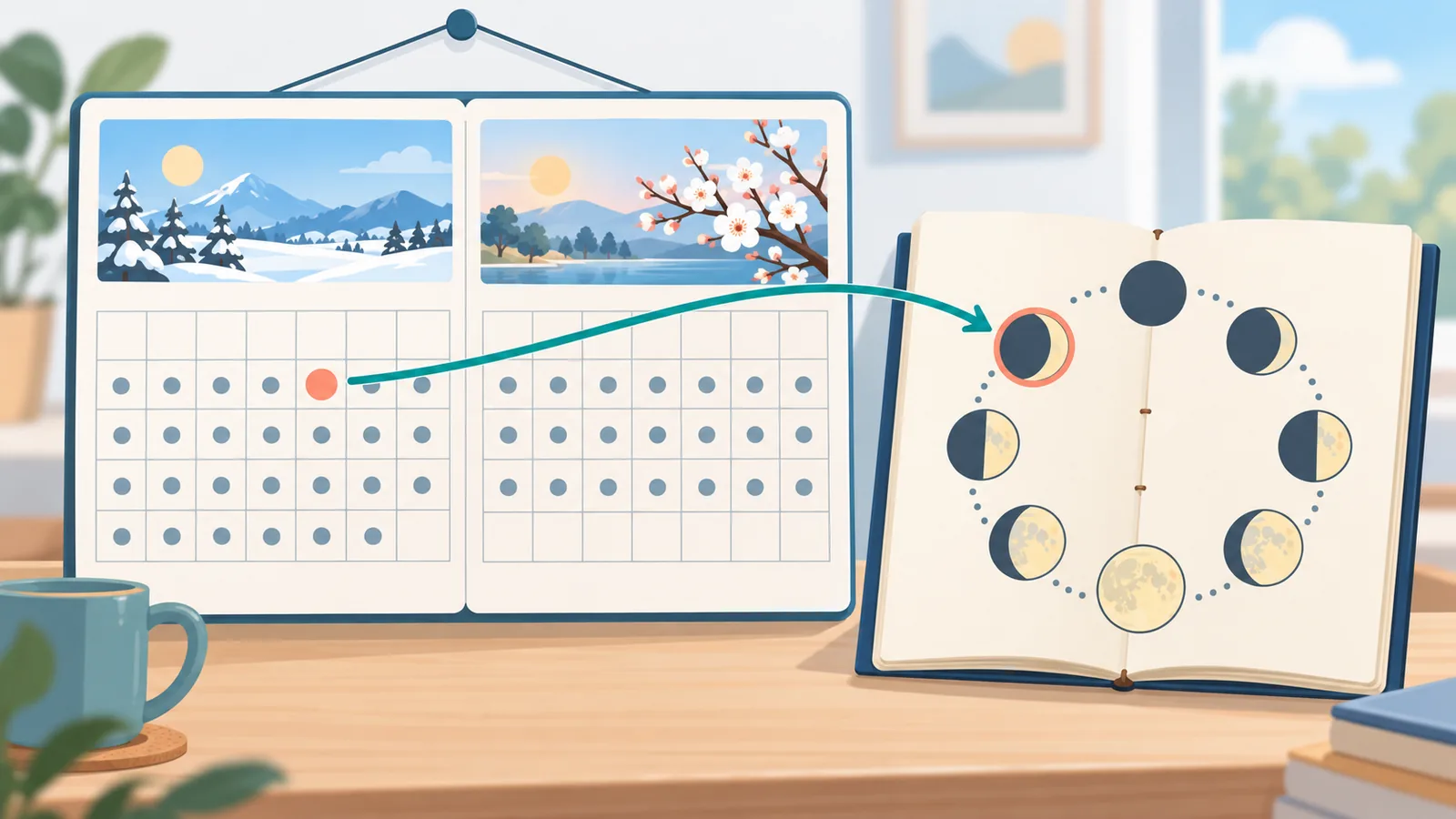 Gregorian wall calendar beside a lunar calendar booklet